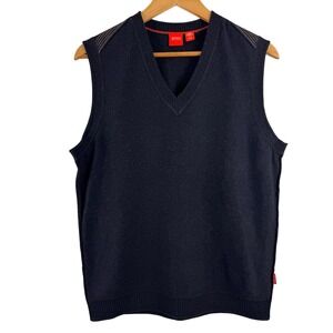 Hugo Boss Sweater Vest Mens Large Navy Blue 100% Virgin Wool V-Neck 50163981
